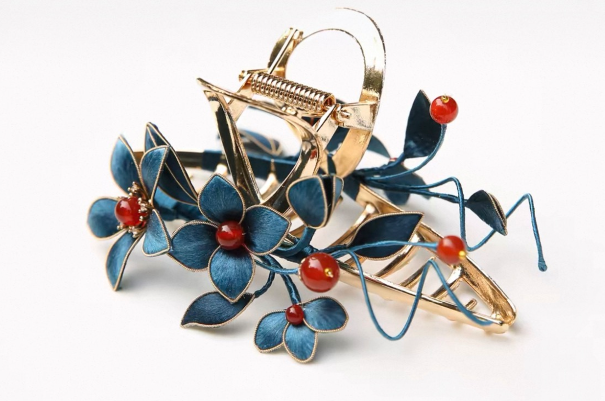 Ronghua Silk Flower Hair Claw Clip | Handmade Chinese Heritage Hair Accessory | Blue Floral Wedding Hair Clip