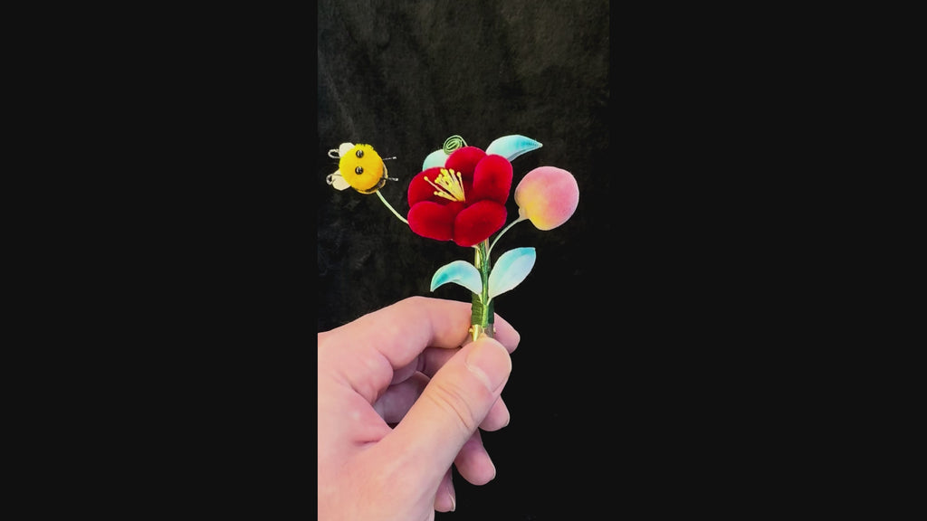 红花与蜜蜂· 扬州绒花发夹